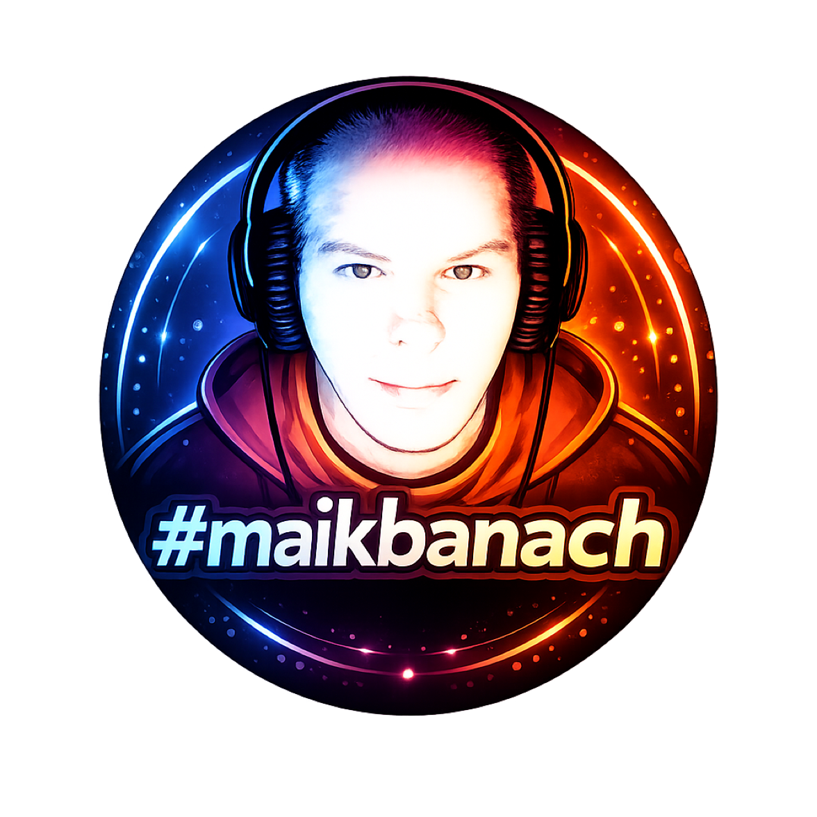 Ein stilisiertes Portr&auml;t einer Person mit Kopfh&ouml;rern, umgeben von einem leuchtenden, bunten Kreis mit dem Text "#maikbanach" darunter.