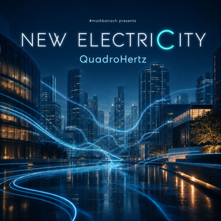 St&auml;dtische Skyline bei Nacht mit blauen Lichtlinien und dem Text "New Electricity QuadroHertz".